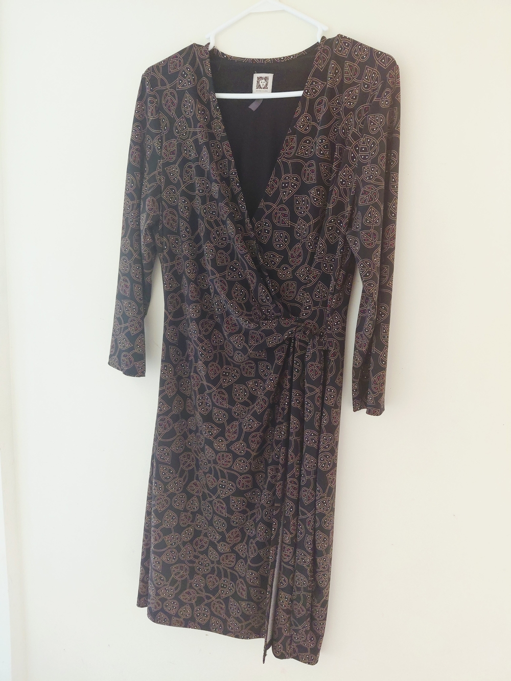 Anne Klein Brown and Black Leaf-Print Wrap Dress
